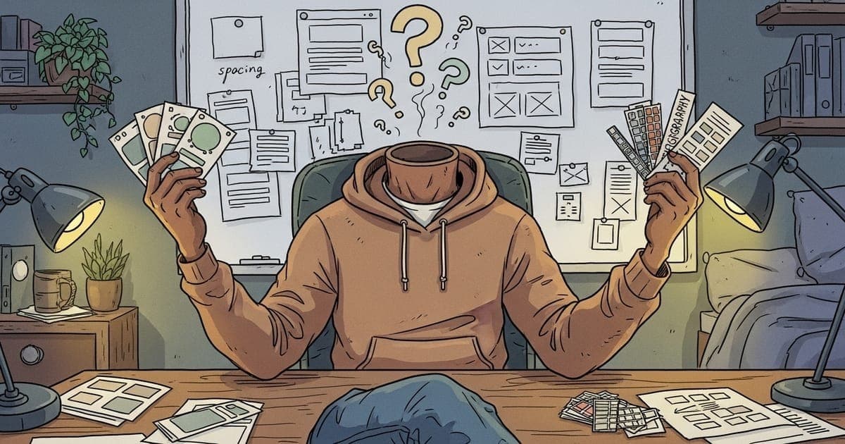 A headless developer zombie sits at a messy desk in a cozy bedroom studio, with question marks floating above its neck.
